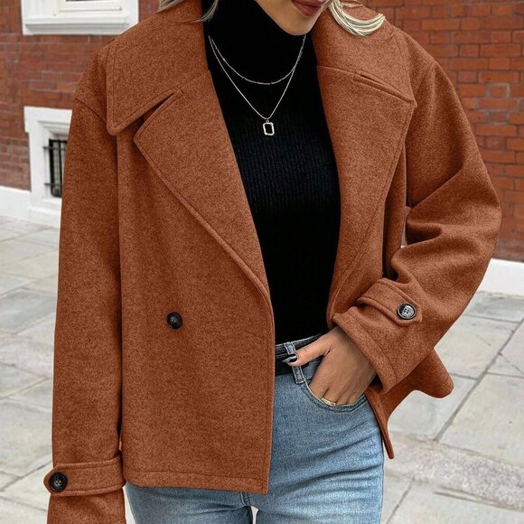 Brown Casual Women's Oversized Collar Button down Long Sleeve Coat - Picture 2 of 7